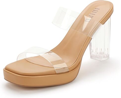 IDIFU IN3 Platform Clear Heels for Women Chunky Block High Heel Two Strap Square Open Toe Sandals Comfortable Dress Shoes Wedding Bridal Prom Party Daily Cute Sexy Fashion Slip On Heeled Sandals in Kuwait