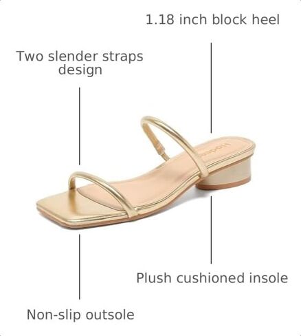 Square Open Toe Chunky Heels for Women Two Strap Low Block Heeled Slip On Short Sandals for Dressy Casual 1.18 inch Gold 7.5 in Kuwait