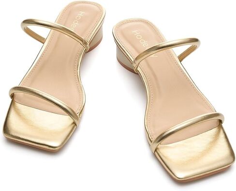 Square Open Toe Chunky Heels for Women Two Strap Low Block Heeled Slip On Short Sandals for Dressy Casual 1.18 inch Gold 7.5 in Kuwait
