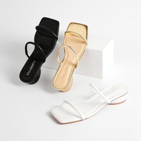 Square Open Toe Chunky Heels for Women Two Strap Low Block Heeled Slip On Short Sandals for Dressy Casual 1.18 inch Gold 7.5 in Kuwait