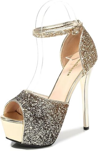 Women's Peep-Toe Platform Stiletto Prom Sandals With Adjust Ankle Buckle Sexy Sequins Super High Heels 5.51in FishToe Backless Pumps For Party Wedding Dinner Runway Show in Kuwait
