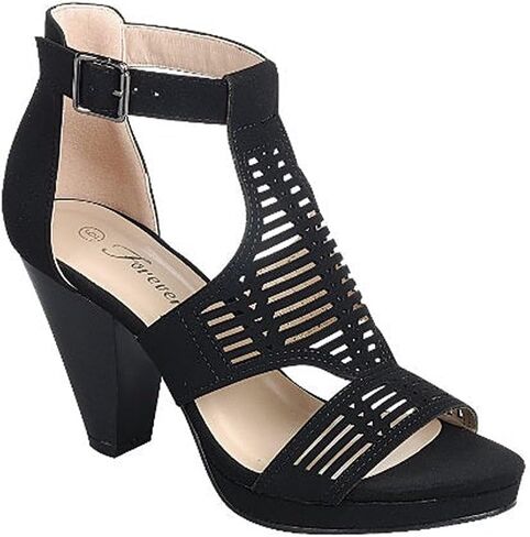 Forever Link Women Peep Toe Cutout Block Heel Sandal, Black Nub in Kuwait