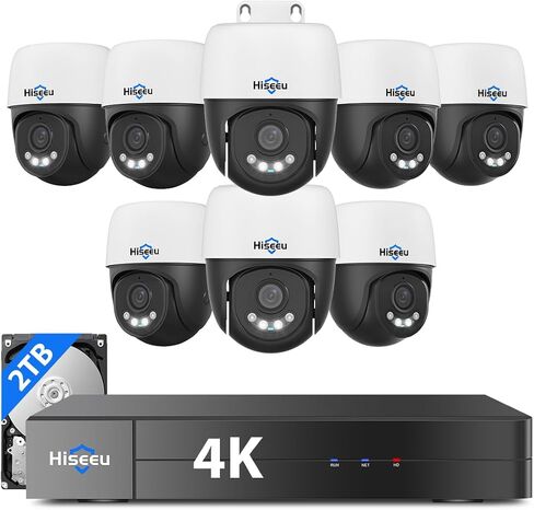 Hiseeu 4K PoE Security Camera System，6 Pcs 8MP PTZ Wired Security Camera | 4K HD+360° View, Auto Human Tracking, Free Remote Access,Plug and Play, 2 Way Audio, 2TB HDD for 7/24 Record in Kuwait