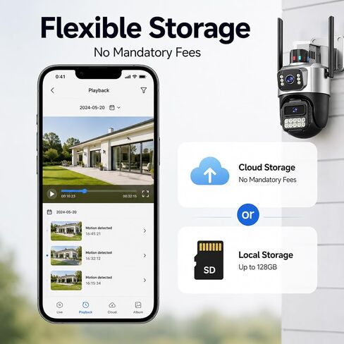 6MP Dual Lens Security Camera Outdoor for Home, 5G/2.4G WiFi | 130° Wide View + Pan/Tilt Camera, Auto Tracking, Color Night Vision, 2-Way Audio, IP66 Waterproof, SD/Cloud, Plug-in Power in Kuwait
