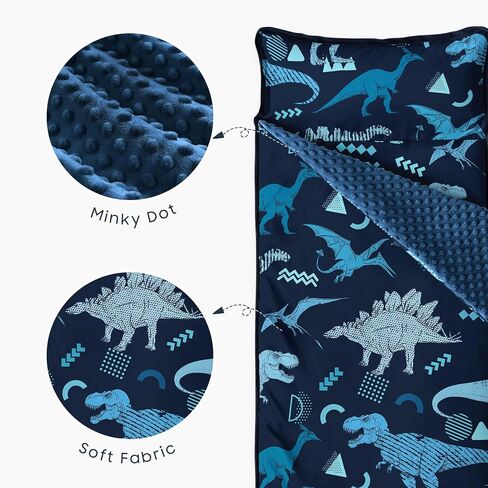 Wake In Cloud - Toddler Nap Mat with Pillow and Minky Fleece Blanket, for Kids Boys in Daycare Preschool Kindergarten, Roll Up Sleeping Bag, Jurassic Dinosaur World Sketch, Navy Blue, Standard in Saudi Arabia