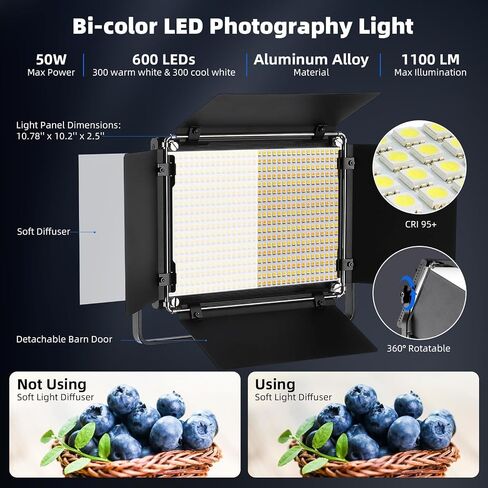 50W 600 LED Photography Lighting with APP Control & Stand Kit, 3200K-5600K Dimmable CRI 96+ TLCI 97+ CQS 96+, 1800 Lux/1m, Bi-Color Video Light for Studio/Video Recording/Streaming/Film in Kuwait
