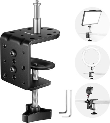 NEEWER Heavy Duty C Clamp with Mounting Column for Light Stand, Adjustable Metal Desk Clamp with 1/4" 3/8" Screws for Ring Light LED Video Light Camera, Max Load 44lb/20kg, ST-CCD1 | Adjustable Metal Desk Clamp, 1/4" and 3/8" Screws, for Ring Light, LED V in Kuwait