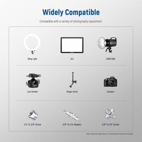 NEEWER Heavy Duty C Clamp with Mounting Column for Light Stand, Adjustable Metal Desk Clamp with 1/4" 3/8" Screws for Ring Light LED Video Light Camera, Max Load 44lb/20kg, ST-CCD1 | Adjustable Metal Desk Clamp, 1/4" and 3/8" Screws, for Ring Light, LED V in Kuwait