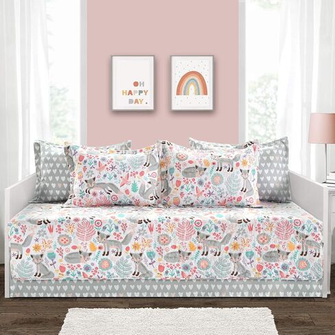 Lush Decor Pixie Fox Daybed Cover Set, 6 Piece Set, 39" W x 75" L, Gray & Pink - Floral Toddler Bedding - Girls Bedroom Decor in Kuwait