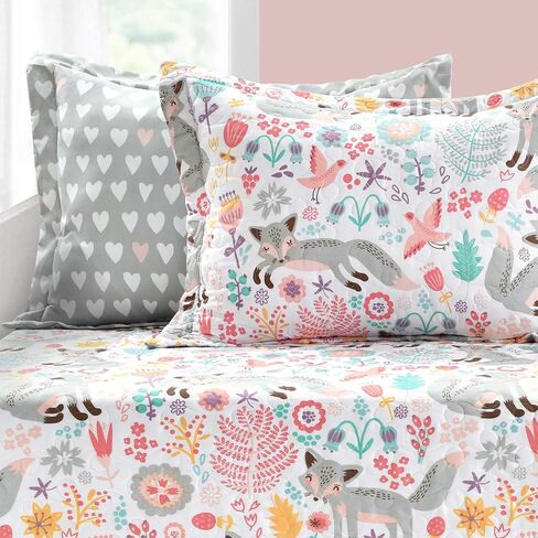 Lush Decor Pixie Fox Daybed Cover Set, 6 Piece Set, 39" W x 75" L, Gray & Pink - Floral Toddler Bedding - Girls Bedroom Decor in Kuwait