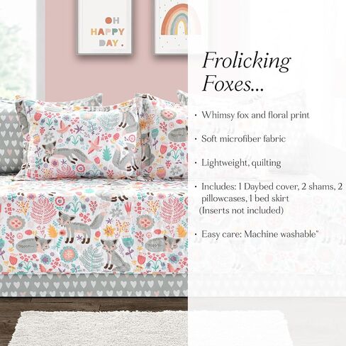 Lush Decor Pixie Fox Daybed Cover Set, 6 Piece Set, 39" W x 75" L, Gray & Pink - Floral Toddler Bedding - Girls Bedroom Decor in Kuwait