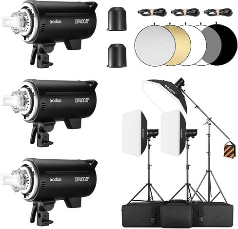 Godox 3Pack DP400III 1200W Studio Strobe Flash Lighting Kit with 3* Light Stand 3* Grid Softbox 1 * 5-in-1 Reflector 1* Bag for Portrait Photography Studio Shooting in Kuwait