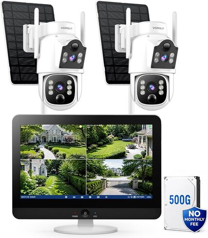 Solar Security Cameras Wireless System with 12" Monitor, 4MP | 16CH NVR, 500G HDD, 360° Auto Tracking, WiFi6 Outdoor Cameras, Color Night Vision, Two-Way Talk, No Monthly Fee in Kuwait