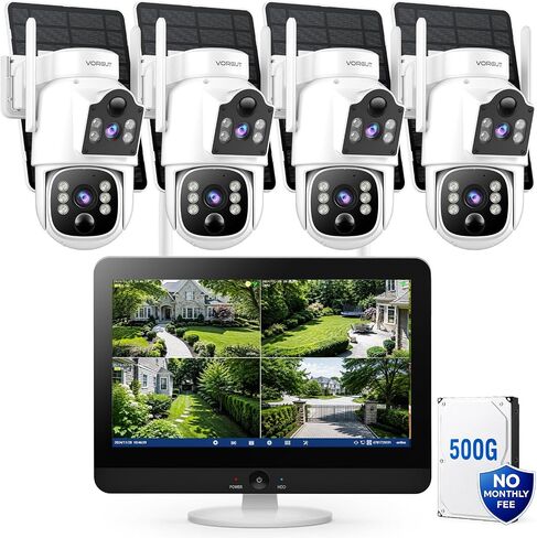 Solar Security Cameras Wireless System with 12" Monitor, 4MP | 16CH NVR, 500G HDD, 360° Auto Tracking, WiFi6 Outdoor Cameras, Color Night Vision, Two-Way Talk, No Monthly Fee in Kuwait