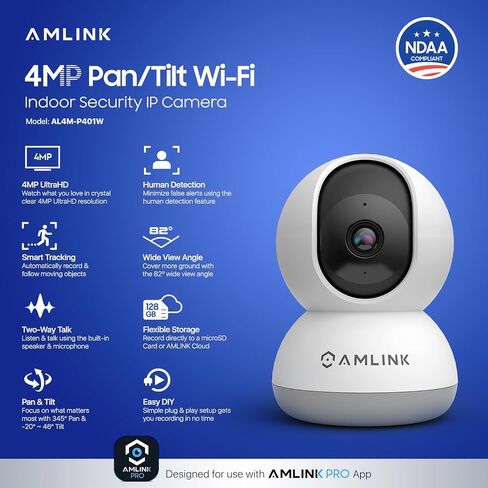 AMLINK 4MP WiFi Camera Indoor, Human Detection, Motion-Tracking, w/ 2-Way Audio, Pan/Tilt Wireless IP Camera (Wired Power), NDAA Compliant, 30ft Night Vision, Built in Siren, AL4M-P401W in Kuwait