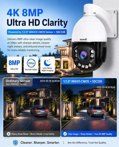 JideTech 8MP 4K PoE PTZ Camera, Outdoor Security Camera with Auto Tracking | 20X optical + 10X digital zoom, 360° pan & 90° tilt, AI human/vehicle detection, 492ft IR night vision, ONVIF & RTSP support in Kuwait