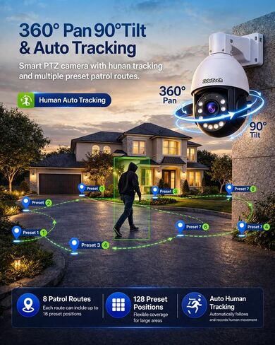 JideTech 8MP 4K PoE PTZ Camera, Outdoor Security Camera with Auto Tracking | 20X optical + 10X digital zoom, 360° pan & 90° tilt, AI human/vehicle detection, 492ft IR night vision, ONVIF & RTSP support in Kuwait
