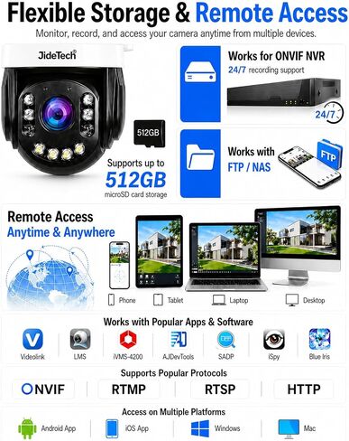 JideTech 8MP 4K PoE PTZ Camera, Outdoor Security Camera with Auto Tracking | 20X optical + 10X digital zoom, 360° pan & 90° tilt, AI human/vehicle detection, 492ft IR night vision, ONVIF & RTSP support in Kuwait