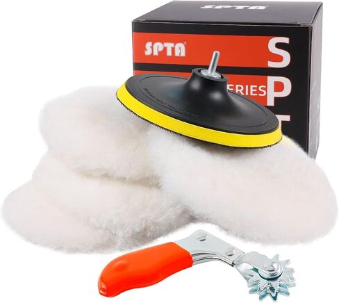 Wool Buffing Polishing Pad, SPTA 6Pcs 6 Inch (150mm) Lambwool Wool polishing Pads with Pad Clean Tool Kit with Hook & Loop 5/8"-11 Thread Drill Adapter for Car Polishing and Buffing -A1055S6M58 in Kuwait