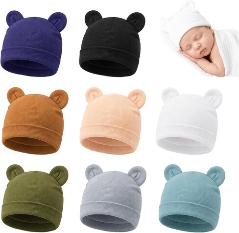 8 Pack Baby Newborn Hats Bear Ears Baby Infant Preemie Beanie Hats Soft Cap for Infant Baby Girls Boys, 0-3 Months in Kuwait