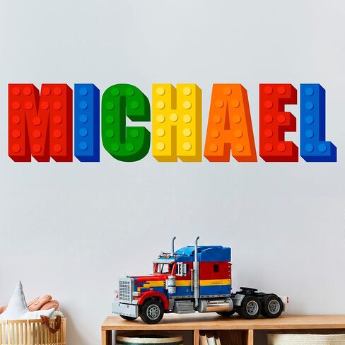 Builder Blocks Wall Decal Sticker Decor for Boys Room, Personalized Custom Name Vinyl Bedroom Decorations for Toddler, Toy Building Bricks Theme Playroom Letters, Peel and Stick Color Nursery Art in Kuwait