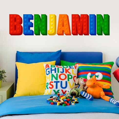 Builder Blocks Wall Decal Sticker Decor for Boys Room, Personalized Custom Name Vinyl Bedroom Decorations for Toddler, Toy Building Bricks Theme Playroom Letters, Peel and Stick Color Nursery Art in Kuwait