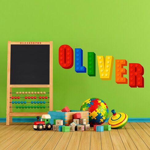 Builder Blocks Wall Decal Sticker Decor for Boys Room, Personalized Custom Name Vinyl Bedroom Decorations for Toddler, Toy Building Bricks Theme Playroom Letters, Peel and Stick Color Nursery Art in Kuwait