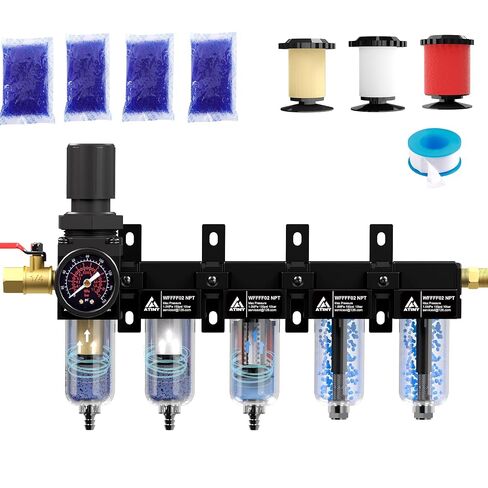 1/4'' NPT 5 Stage Compressed Air Dryer,Air Dryer for Compressor 5 &0.5 &0.01 Micron Filter Cartridge,Double Desiccant Dryers & Air Regulator,Metal Bowl, Semi-Auto Drain,Industrial Grade-Black in Kuwait