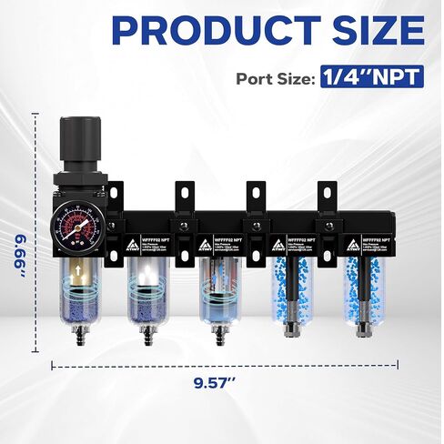 1/4'' NPT 5 Stage Compressed Air Dryer,Air Dryer for Compressor 5 &0.5 &0.01 Micron Filter Cartridge,Double Desiccant Dryers & Air Regulator,Metal Bowl, Semi-Auto Drain,Industrial Grade-Black in Kuwait