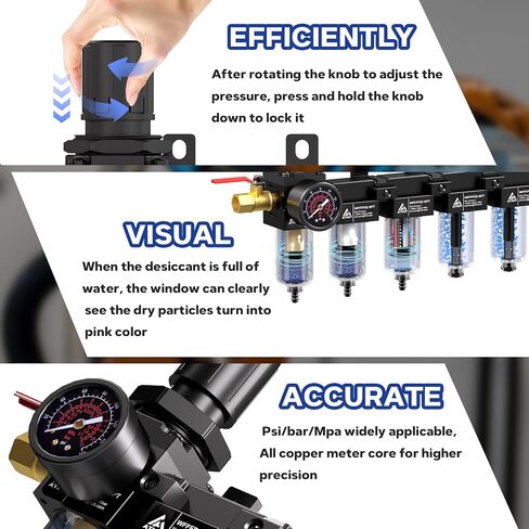 1/4'' NPT 5 Stage Compressed Air Dryer,Air Dryer for Compressor 5 &0.5 &0.01 Micron Filter Cartridge,Double Desiccant Dryers & Air Regulator,Metal Bowl, Semi-Auto Drain,Industrial Grade-Black in Kuwait