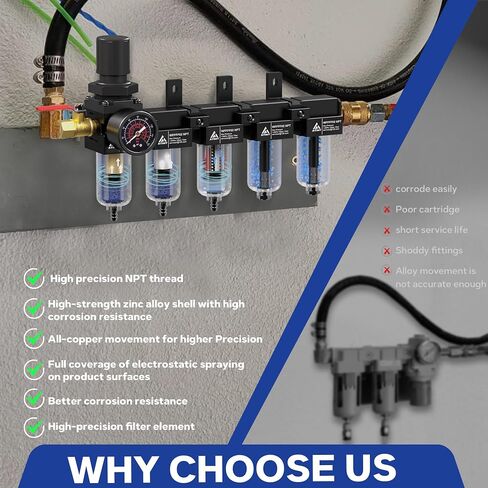 1/4'' NPT 5 Stage Compressed Air Dryer,Air Dryer for Compressor 5 &0.5 &0.01 Micron Filter Cartridge,Double Desiccant Dryers & Air Regulator,Metal Bowl, Semi-Auto Drain,Industrial Grade-Black in Kuwait