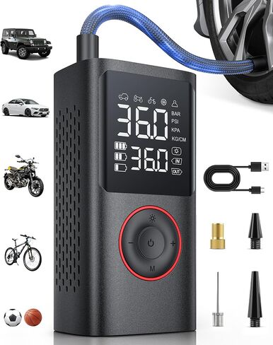 Powools Tire Inflator Portable Air Compressor, Cordless, Standard Capacity | Car Tires, Motorcycle, Bicycle, Balls, Inflatables, 150PSI, Auto Shutoff, LED Light, Black in Kuwait