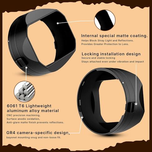 Haoge GR4 Metal Square Lens Hood for RICOH GRVI HDF Camera Lens Accessories Bayonet Mount, Lock Button Design in Kuwait