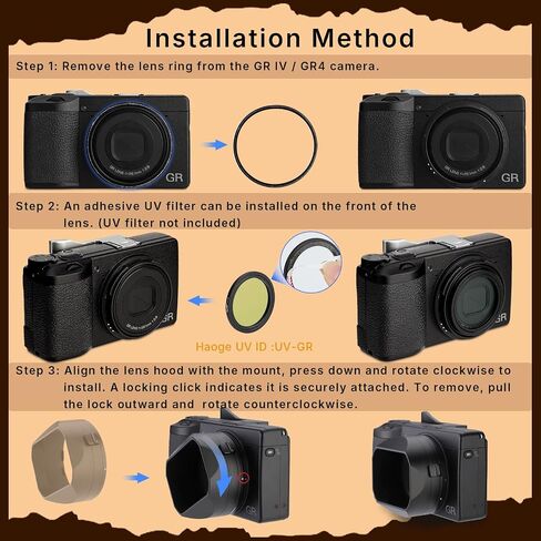 Haoge GR4 Metal Square Lens Hood for RICOH GRVI HDF Camera Lens Accessories Bayonet Mount, Lock Button Design in Kuwait
