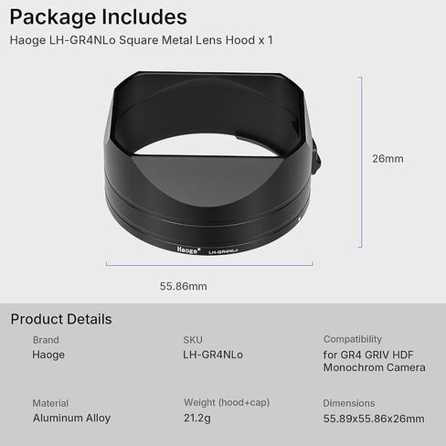 Haoge GR4 Metal Square Lens Hood for RICOH GRVI HDF Camera Lens Accessories Bayonet Mount, Lock Button Design in Kuwait
