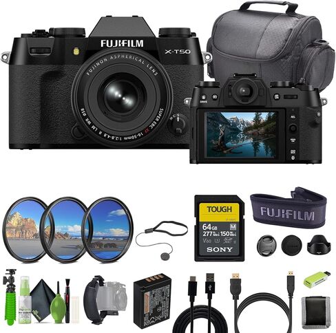 FUJIFILM X-T50 Camera with 16-50mm f/2.8-4.8 Lens (Black) & Bag Bundle | For Photography, Video & Content Creation | Includes 64GB Memory Card, Cleaning Kit in Kuwait
