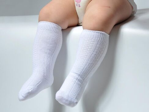 EPEIUS Unisex-Baby 3 Pair Pack Seamless Cable Knit Knee High Socks Toddler Boys/Girls Uniform Stockings for 12-24 Months,White in Kuwait