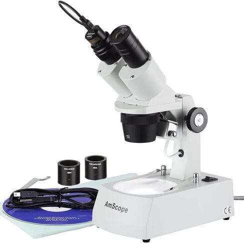 AmScope SE305R-A-E Digital Forward-Mounted Binocular Stereo Microscope | 1X & 3X Magnification 0.3MP CMOS Sensor USB 2.0 Connectivity DIN Standard RMS 20.32mm Thread 160mm Finite Tube in Kuwait