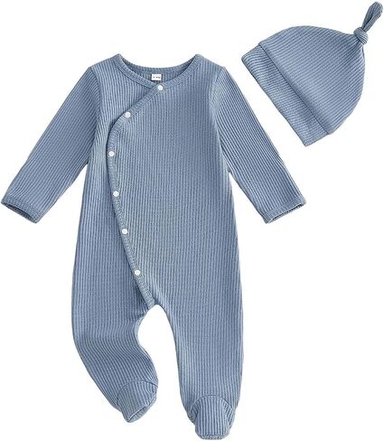 Kavousa Baby Boy Romper Fall Winter Outfit Waffle Long Sleeve Romper Jumpsuit With Hat Infant Cute Newborn Boy Clothes in Kuwait