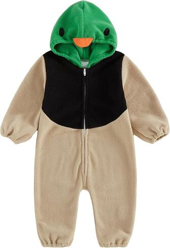 Baby Fleece Jumpsuit Halloween Infant Hooded Romper | Whimsical mushroom and duck costume, front zipper design. festive dress-up and newborn photography props, warm winter wear in Kuwait