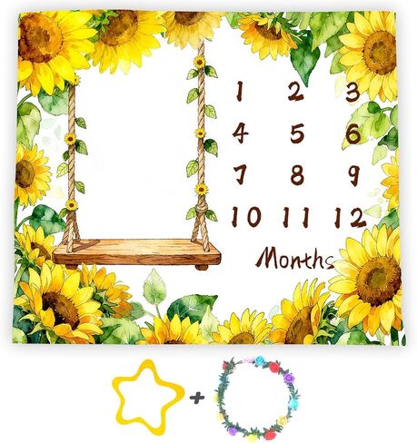 Sunflower Baby Monthly Milestone Blanket, Thanksgiving, Yellow, 48x40in | Soft Flannel, Summer Autumn Floral Design, Fall Harvest, Farmhouse Rustic, Newborn Photography Props for Boys Girls in Kuwait