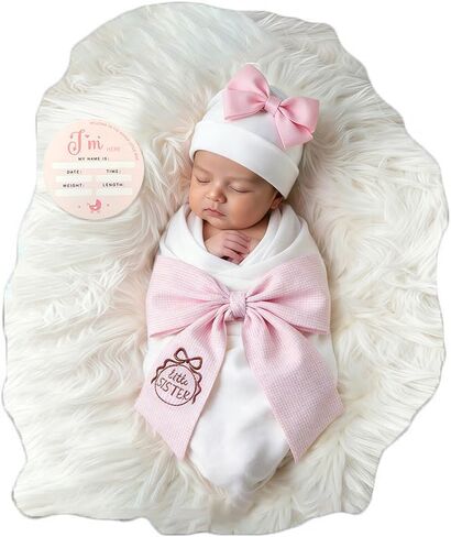 Ylsteed Newborn Receiving Blanket Headband Set， Baby Swaddle Bow Swaddle Wrap， Baby Swaddle Blankets for Newborns with Hat， Swaddling Wrap 32 x 32 inches Soft and Skin-Friendly in Kuwait