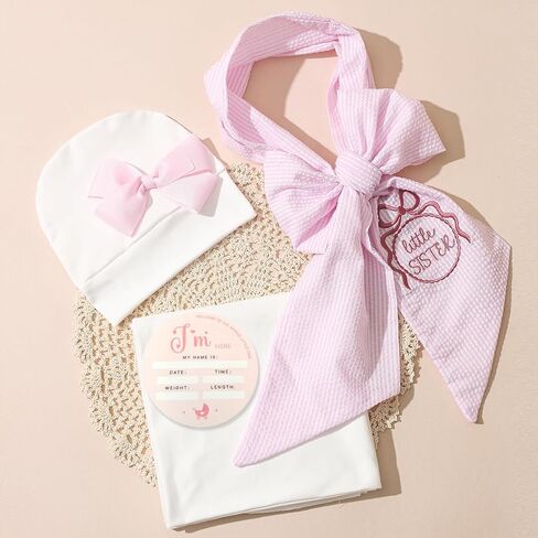 Ylsteed Newborn Receiving Blanket Headband Set， Baby Swaddle Bow Swaddle Wrap， Baby Swaddle Blankets for Newborns with Hat， Swaddling Wrap 32 x 32 inches Soft and Skin-Friendly in Kuwait