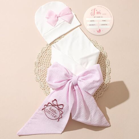 Ylsteed Newborn Receiving Blanket Headband Set， Baby Swaddle Bow Swaddle Wrap， Baby Swaddle Blankets for Newborns with Hat， Swaddling Wrap 32 x 32 inches Soft and Skin-Friendly in Kuwait
