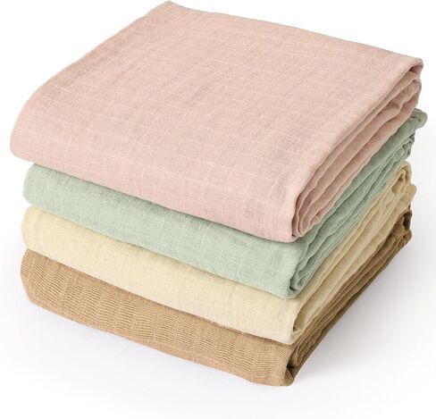 david's kids 4 Pack Baby Muslin Swaddle Blankets 47" x 47", 100% Cotton Swaddling Blankets Wrap for Boys Girls, Ultra Soft Breathable Receiving Blanket, New Born Essentials, Green&Pink&Blue&Beige in Kuwait
