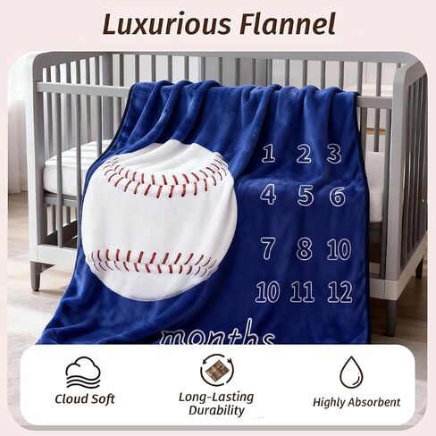 Baby Monthly Milestone Blanket Baseball Month Blanket for Newborn Boys & Girls, Soft Flannel Mat with Photo Prop for Baby Shower, Neutral 45x40 Inches in Kuwait