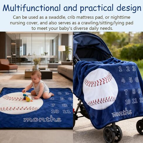Baby Monthly Milestone Blanket Baseball Month Blanket for Newborn Boys & Girls, Soft Flannel Mat with Photo Prop for Baby Shower, Neutral 45x40 Inches in Kuwait