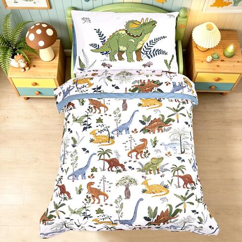 Hooyax Dinosaur Toddler Bedding Set 4-Piece for Boys – Cute Toddler Comforter Set for Dino-Loving Kids – Includes Ultra-Soft Comforter, Fitted Sheet, Flat Sheet & Pillowcase for All Seasons in Kuwait