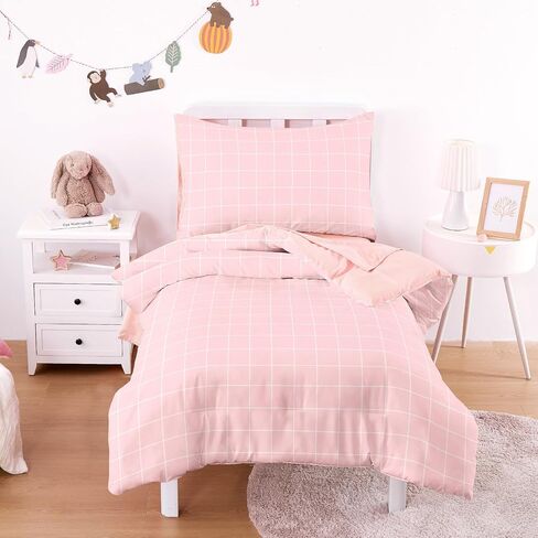 Wake In Cloud - Toddler Bedding Set for Boys Girls, Vintage Plaid Grid Checkered, 4 Pieces Soft Crib Bed Set Including Comforter, Sheets and Pillowcase, Beige in Kuwait