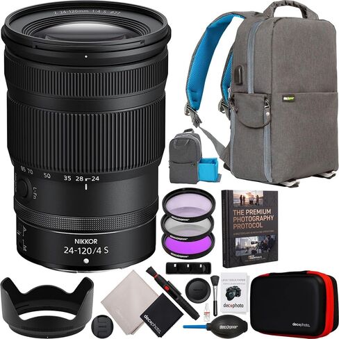 Nikon NIKKOR Z 24-120mm f/4 S Full Frame Zoom Lens for Z-Mount Mirrorless Cameras 20105 Bundle with Deco Gear Photography Backpack + UV/Polarizer/FLD Filter Kit + Photography Guidebook & Accessories in Kuwait
